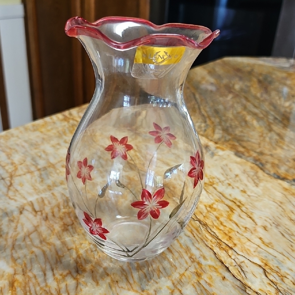 LENOX Elegant Glass Vase with Red Floral Design